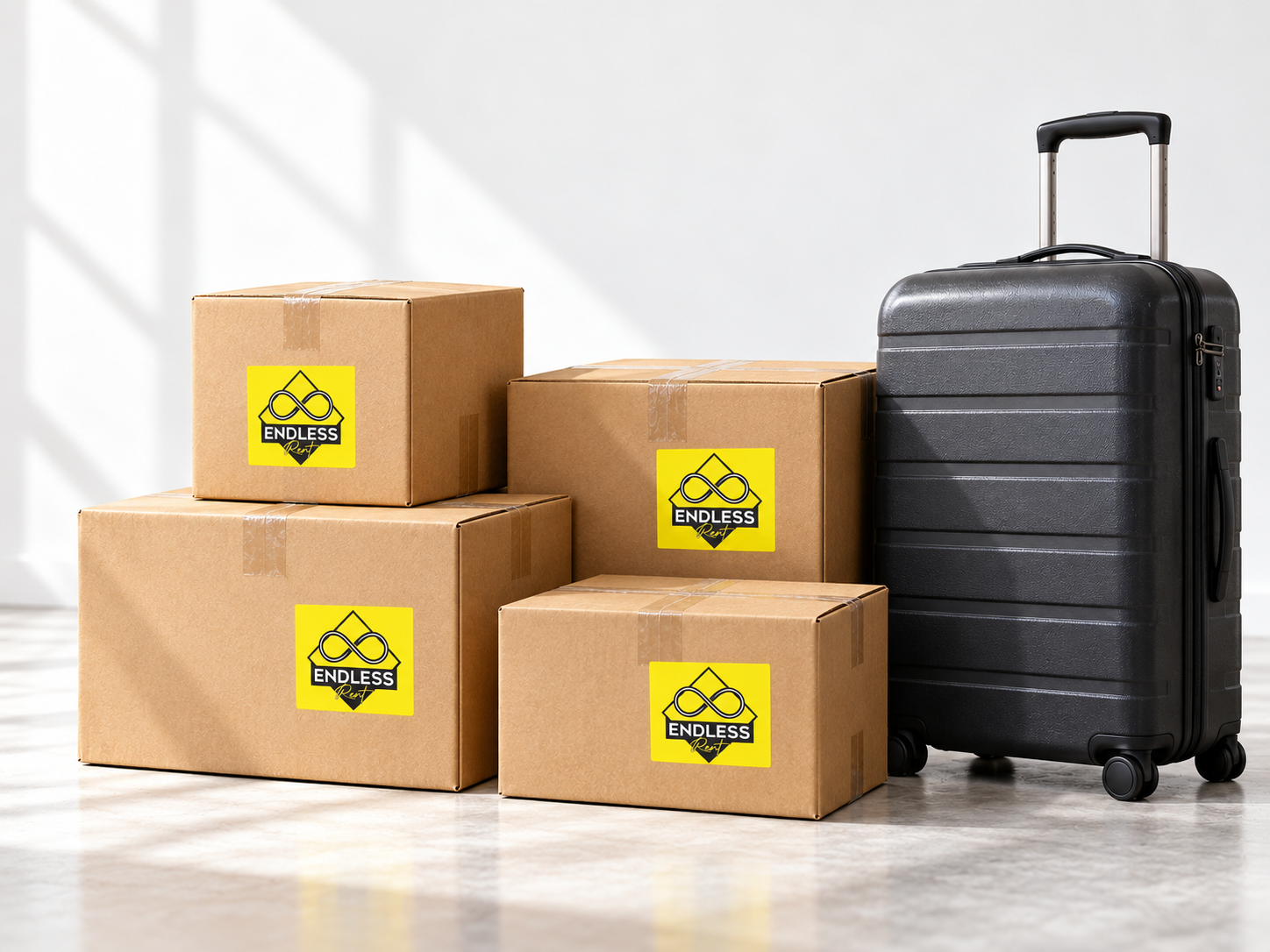 Cajas con el logo de Endless Rent junto a una maleta